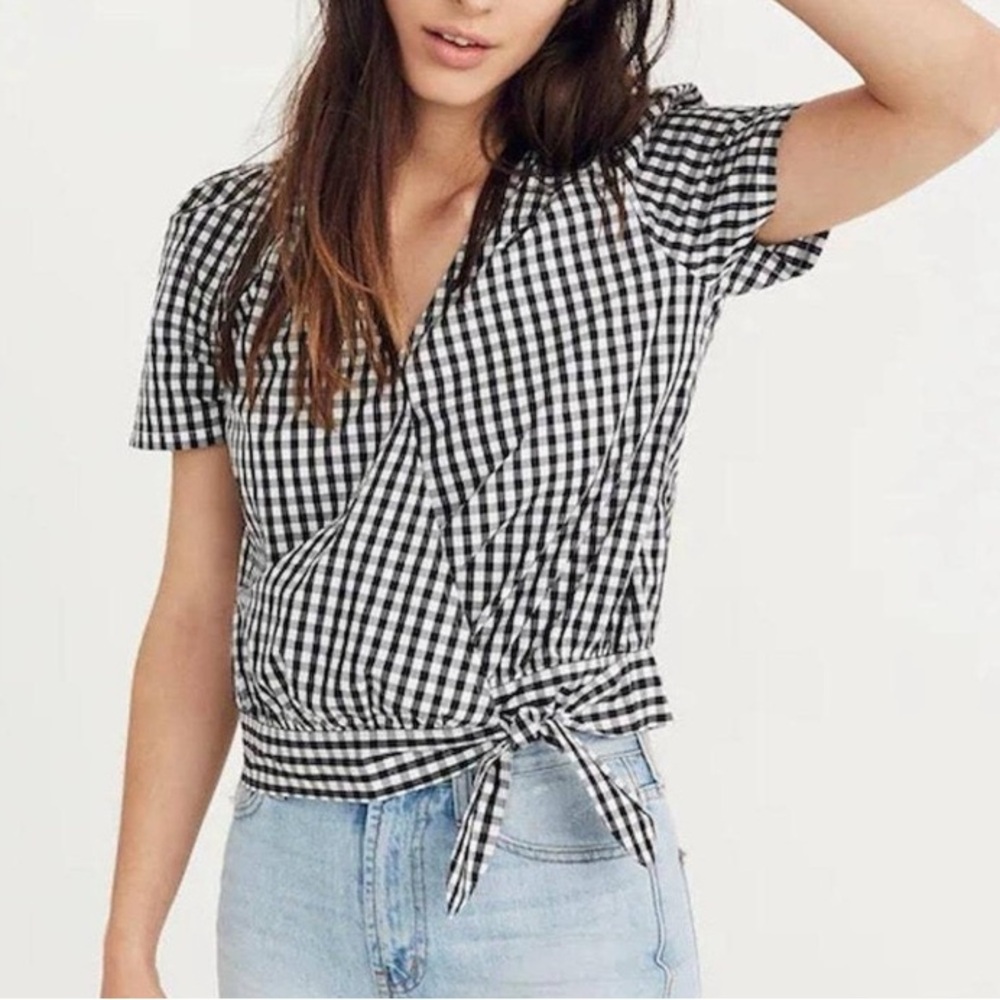 Madewell Gingham Wrap Sash-Tie Short Sleeve Blouse
